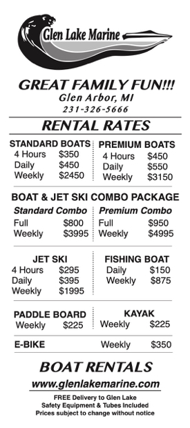 Glen Lake Marine Boat Rentals in Glen Lake Michigan Rate Card